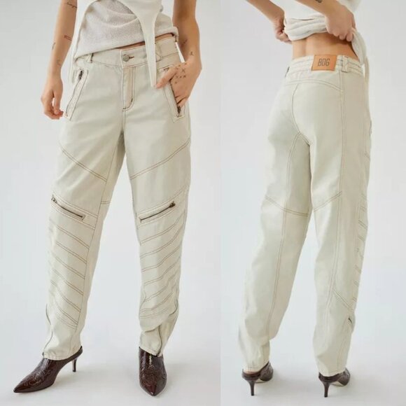 BDG Urban Outfitters Low Rise Tapered Moto Zipper JEANS Size 28 Ivory Denim NEW - Picture 2 of 13